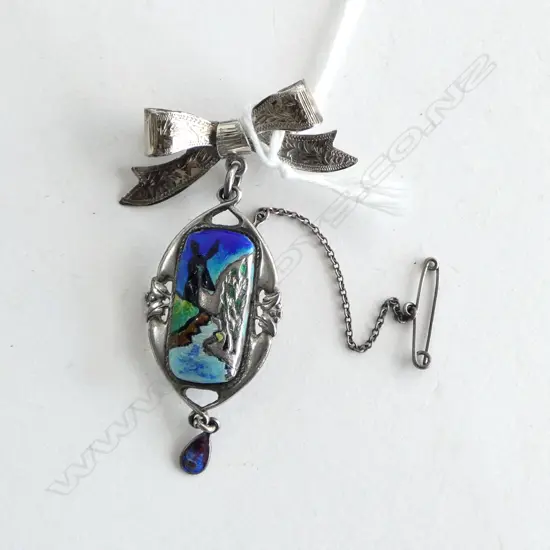 ARTS & CRAFTS SILVER & ENAMEL BROOCH (no pin) on SILVER BOW