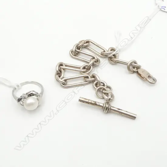 STG SILVER CHAIN BRACELET 24.79gms & COSTUME PEARL RING