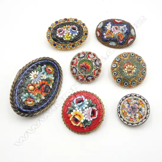 7 MICRO MOSAIC BROOCHES largest 35x50mm