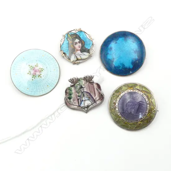 5 ENAMEL BROOCHES; 800 SILVER GUILLOCHE ART NOUVEAU WOMAN 25mm dia, WELSH WOMAN IN HAT, 2 STG 30mm dia
