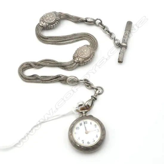 OLD CONTINENTAL SILVER ALBERTINA WITH SILVER & ENAMEL WATCH ATTACHED (WORKING)