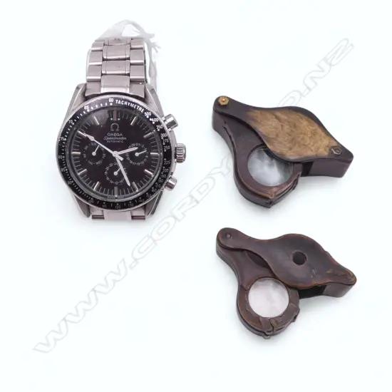 2 OLD HORN TRIPLE GLASS JEWELLER'S / COLLECTOR'S MAGNFYING LOOPS + COPY WATCH