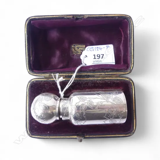 VICTORIAN STG SILVER SCENT BOTTLE, IN ORIGINAL CASE, BIRMINGHAM 1891, 58gms glass interior H.85mm MISSING GLASS STOPPER