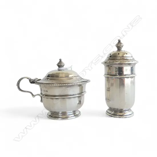 SILVER PEPPERETTE + MUSTARD POT 91gms + blue glass liner for mustard c.1930