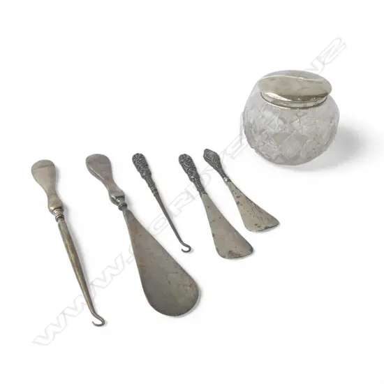 STG SILVER LIDDED CONTAINER (27.3gms) + 5 STG HANDLED TOOLS; 3 SHOE HORNS, 2 BOOT HOOKS)