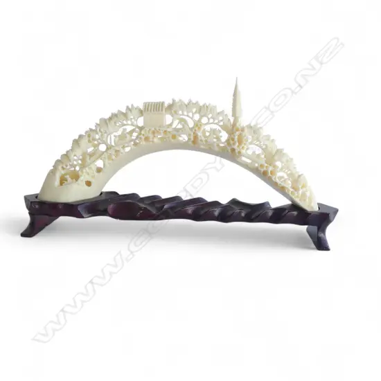 CHINESE CARVED IVORY TUSK ON STAND L250MM