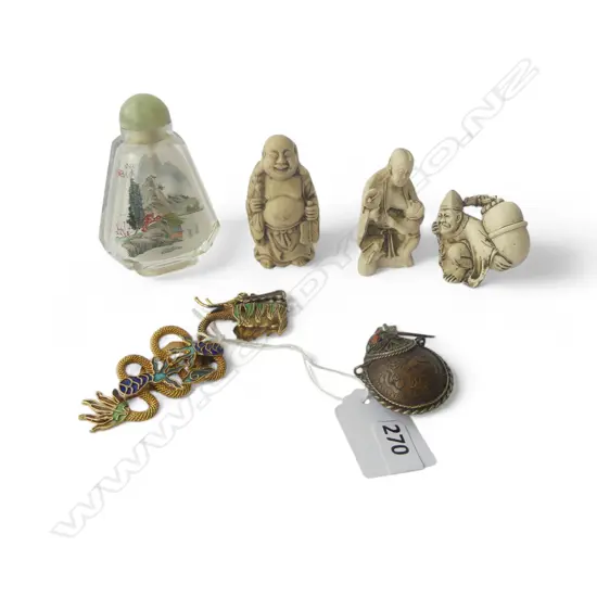 3 RESIN ORIENTAL FIGURES H.60mm, SNUFF BOTTLE, DRAGON, ETHNIC PERFUME BOTTLE PENDANT