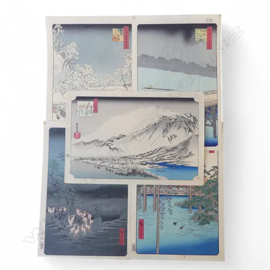 5 UNFRAMED EARLY 20thC HIROSHIGE UKIYO-E WOODBLOCK PRINTS 370x250mm...