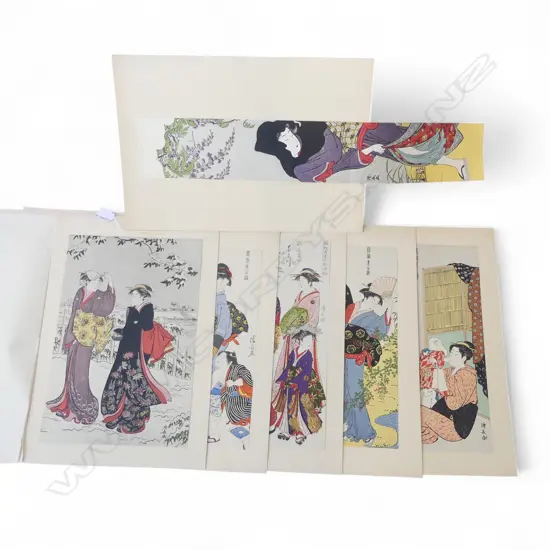 6 UNFRAMED REPRODUCTION UKIYO-E PRINTS INCLUDING KIYONAGA'S 'WINDY DAY' PILLAR PRINT 685x115mm