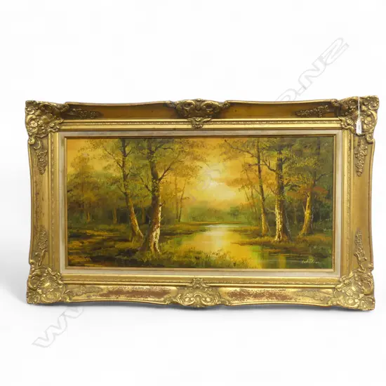 SIGNED WHITLAM RIVER LANDSCAPE OIL ON CANVAS IN DECORATIVE GOLD FRAME 555 X 955 MM (SMALL PAINT LOSS TOP LEFT)