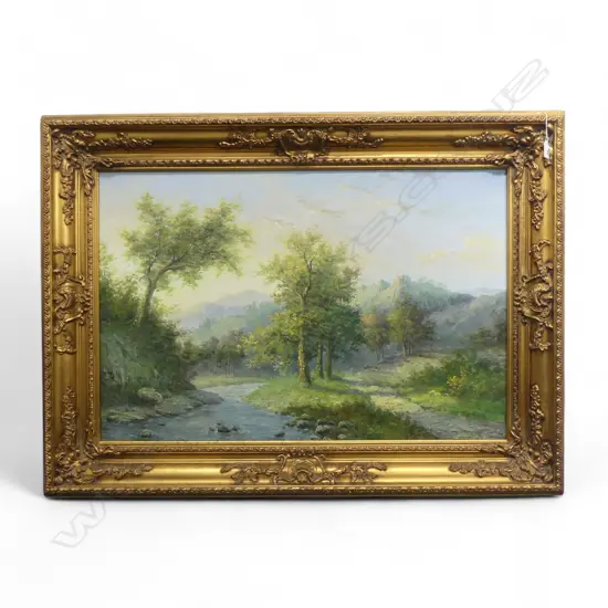 ARTIST UNKNOWN RIVER LANDSCAPE WITH MOUNTAINS OIL ON CANVAS IN DECORATIVE GOLD FRAME 590 X 890MM