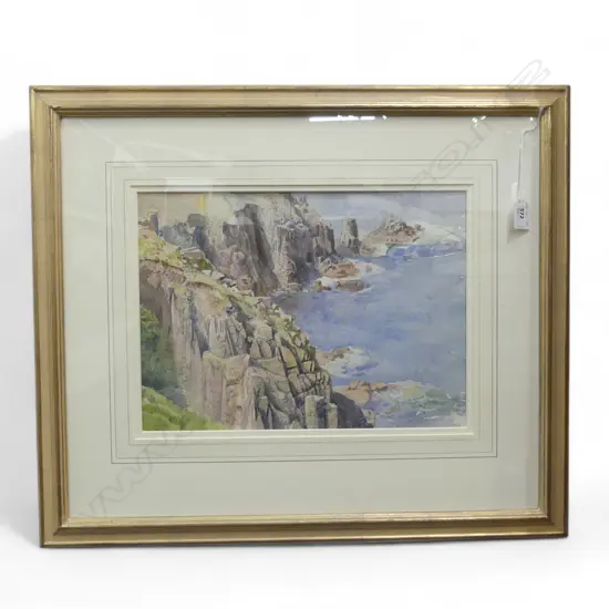 ELEANOR MARY HUGHES, 'CRAGGY FORESHORE, LAND'S END, CORNWALL', PEN & W/C, 280 x 380mm