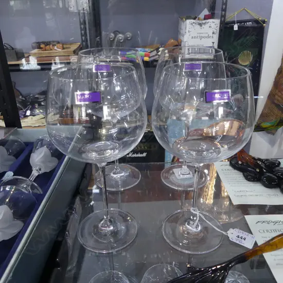 Set 4 Marquis Waterford large gin balloon glasses. 'Optic' ribbed bowls. In original box