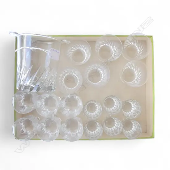 THREE SETS OF 6 SMALL CRYSTAL WHISKY TUMBLERS & ICE BUCKET 