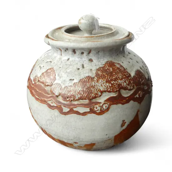 LGE ART POTTERY SHINO GLAZE LIDDED POT H.400mm. Sculpted landscape shoulder with trees.