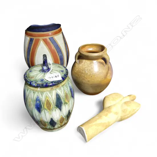 3 STUDIO POTTERY VASES; ROELOF UYS (LIDDED), MILL POTTERY SOMERSET H.260mm, OTHER + ABSTRACT FIGURE SIGNED WRIGHT H215mm