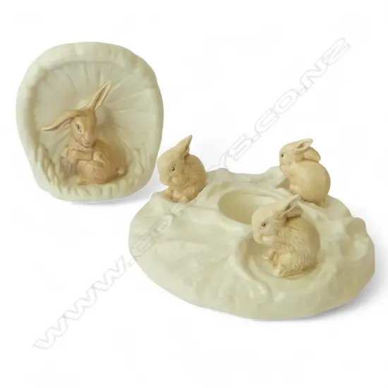 SYLVAC BUNNY VASE, BROWN ON WHITE (H.150mm) & MATCHING FLOATING BOWL WITH 3 BUNNIES,Dia.200mm