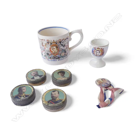 KING GEORGE ROYALTY CORONATION LAURA KNIGHT MUG, 4 TINS, EGG CUP & BADGE