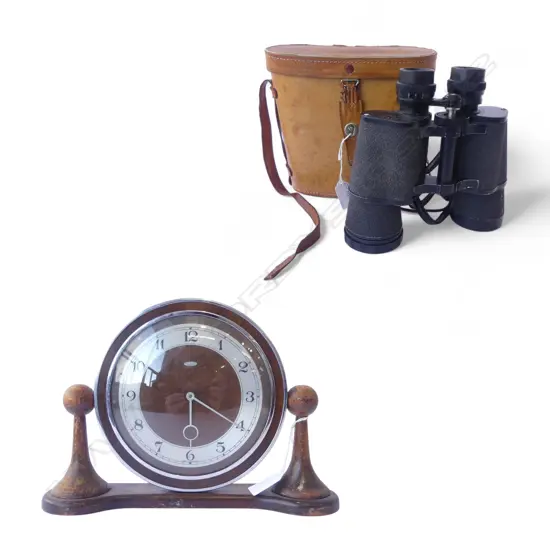 CASED BINOCULARS WITH OLD ART DECO MANTEL CLOCK 