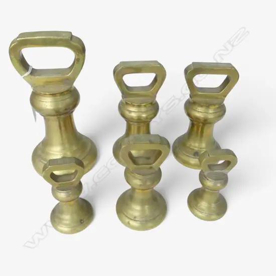 SET 6 OLD AVERY SOLID BRASS BELLWEIGHTS, LARGEST 7LB, H.180mm