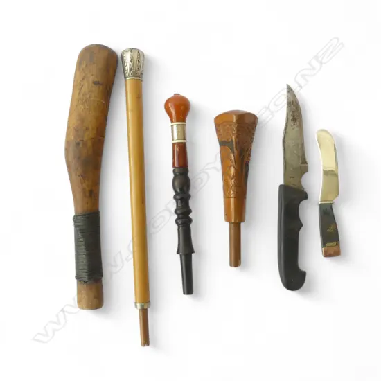 3 OLD WALKING STICK HANDLES, 2 KNIVES & WOODEN CLUB