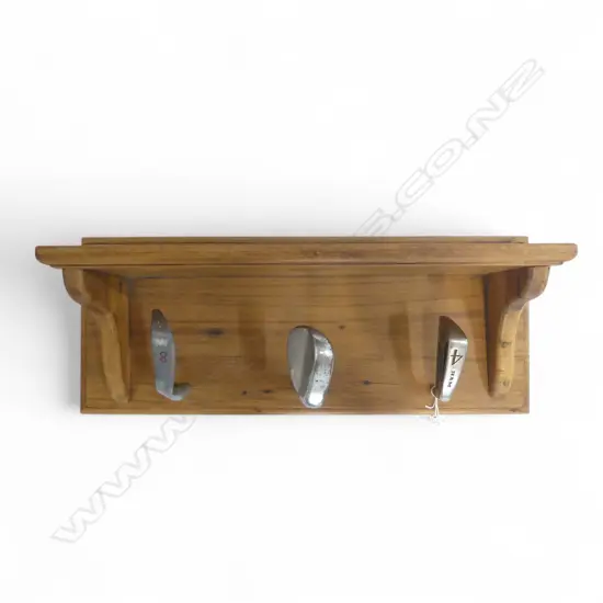 WOODEN WALL SHELF w. 3 GOLF IRON HOOKS W.530mm