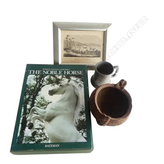 4 ITEMS; BOOK 'THE NOBLE HORSE', PNG POT, PEWTER MUG, HOKIANGA PRINT 140x190mm