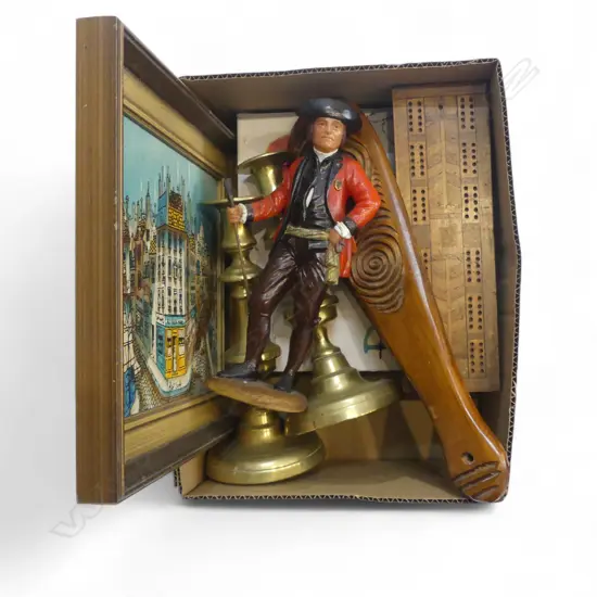 ASST. ITEMS; RESIN GOLFER, PR CANDLESTICKS, PATU, DMZ WIRE FENCE PLAQUE, ART ETC