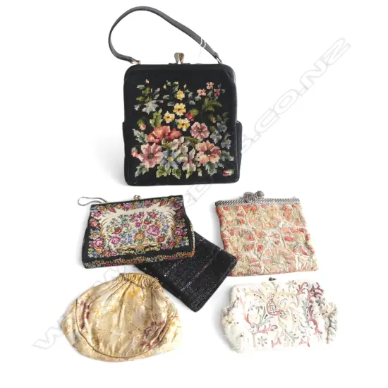 6 VINTAGE PURSES: 2 BEADED + 4 VARIOUSLY EMBROIDERED "The Needlewoman Shop London' etc