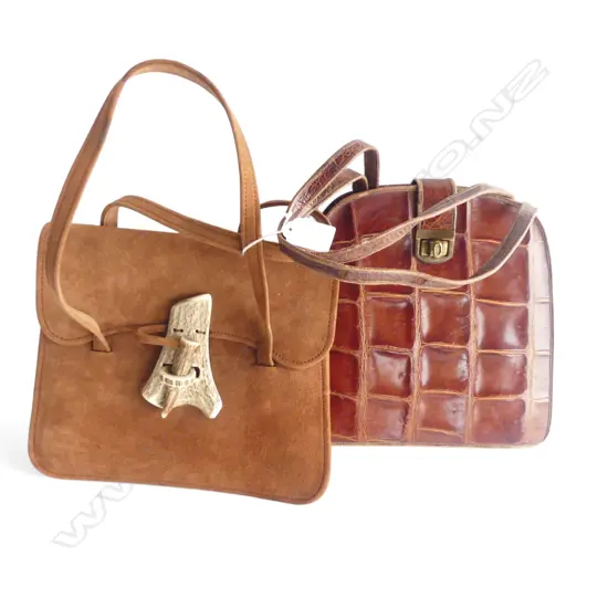 2 VINTAGE HAND BAGS: Crocodile skin + leather with antler clasp