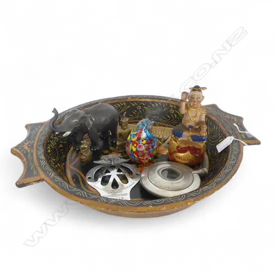 FOLK ART PAINTED WOOD BOWL DIA430  & 8 COLLECTABLES