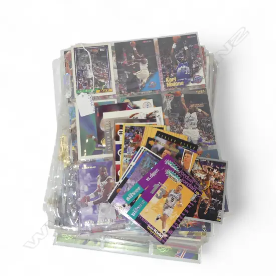 27 ALBUM PAGES OF MOSTLY 90's NBA BASKETBALL CARDS (MOSTLY COMPLETE) w. ASST LOOSE CARDS