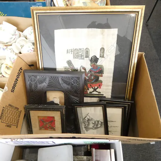 3 FRAMED PRINTS, EGYPTIAN WORK, BIFOLDING CHIP CARVED FRAME & FRAMED AUSTRALIAN BADGE? 75x75mm