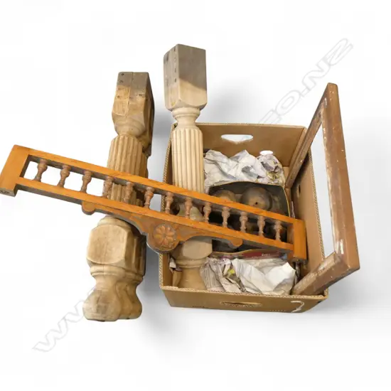 SET OF FOUR TABLE LEGS, PEDIMENT, WOODEN FRAME & 6 FURNITURE FEET