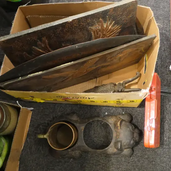 BOX LOT COPPER PLAQUES TRAY  BOOT PULLER SOCKET SET ETC