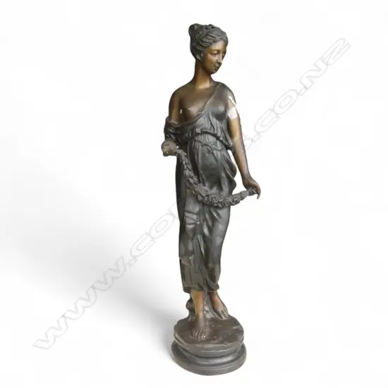 20th C. BRONZE FIGURINE OF A NEO CLASSICAL FEMALE FIGURE HOLDING A GARLAND H.630 mm