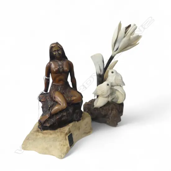 RESIN PANIA OF THE REEF H.230mm, MIKE WESTENKAKA SCULPTURE; KAURI, STAG & BUFFALO HORN H.270mm