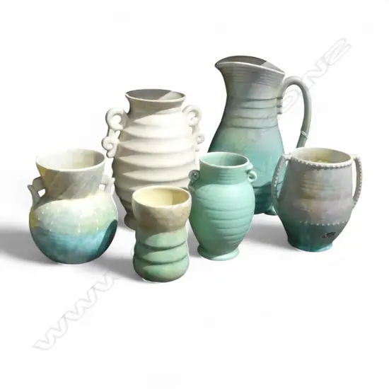 6 ART DECO GLAZED JUGS/VASES; CROWN DEVON, BESWICK, etc faults