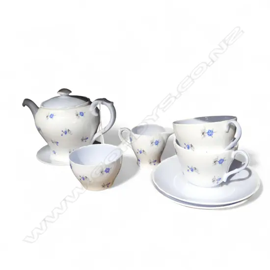 SHELLEY CHINA TEASET TEAPOT C/SUGAR 2CSPS & DISH CORNFLOWER BLUE PAT
