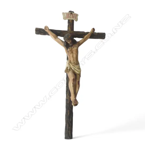 VINTAGE CRUCIFIX - RESIN JESUS & CARVED WOODEN CROSS H.535mm