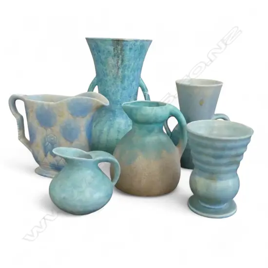3 ART DECO BESWICK VASES (CHIP) H.310mm + JUG & 2 OTHER BLUE GLAZE JUGS
