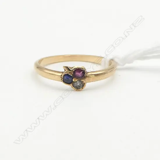 9ct DIAMOND, SAPPHIRE & RUBY SWEETHEART RING,1.42gm SIZE M