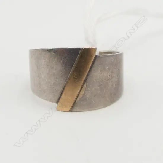 HAND MADE DESIGNER SILVER RING with gold diagonal band SIZE O