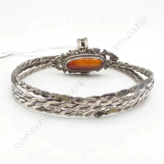4 S/SILVER BANGLES & S/SILVER ORANGE STONE DRESS RING 26GMS
