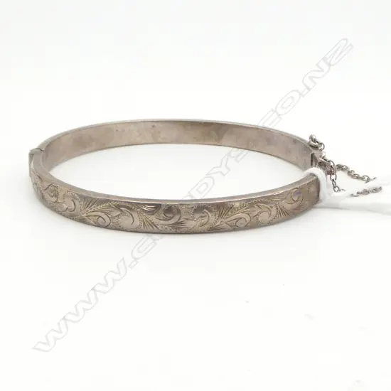 SILVER HINGED BANGLE scroll engraved top by H & S (Hurst & Sons)