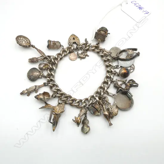 VINTAGE SILVER MULTI CHARM BRACELET lge solid curb link chain 98gms