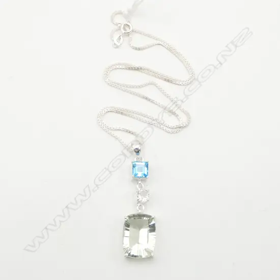 SILVER BLUE & WHITE TOPAZ PENDANT on SILVER CHAIN
