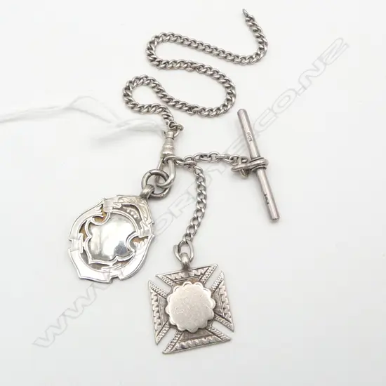 SILVER FINE VINTAGE ALBERT CHAIN W 2 medallions + T-bar not connected 26.6gms