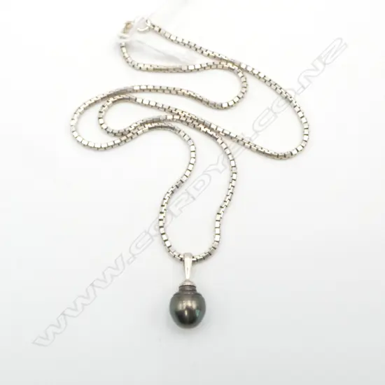 SILVER & lge GREY CULTURED PEARL PENDANT NECKLACE box link chain 