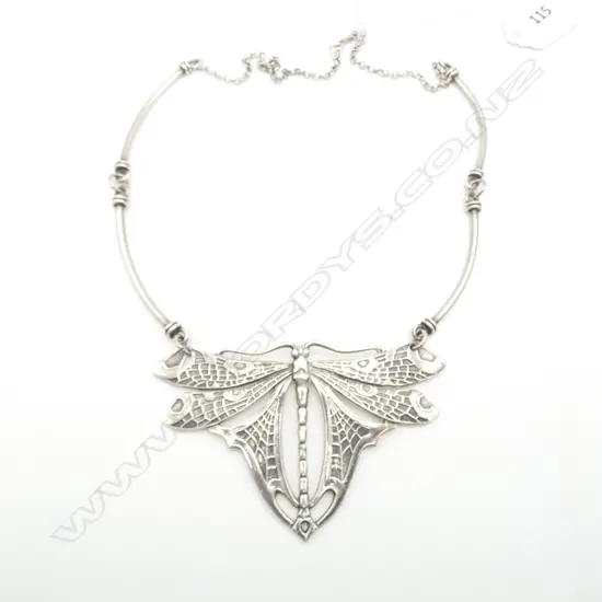 LGE VINTAGE SILVER DRAGONFLY NECKLACE W.100mm. with 4 curved bars and chain attached. Marked Italy 925.